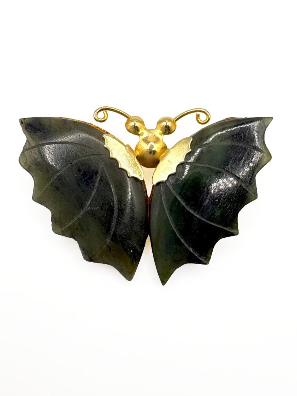Vintage Carved Nephrite Jade Butterfly Moth Brooch
